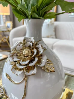 Inspire Me! Home Decor White Ceramic Vase With Gold Flower Design Sale