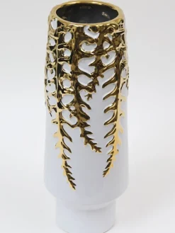 Inspire Me! Home Decor White Ceramic Vase With Gold Textured Flower Design Discount