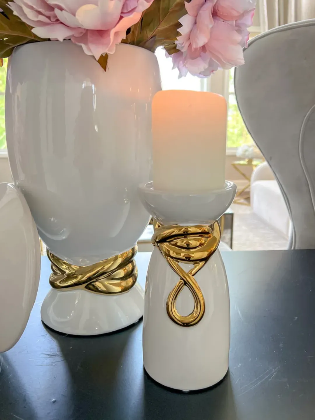 Inspire Me! Home Decor White & Gold Ceramic Candle Holder (2 Sizes) Outlet