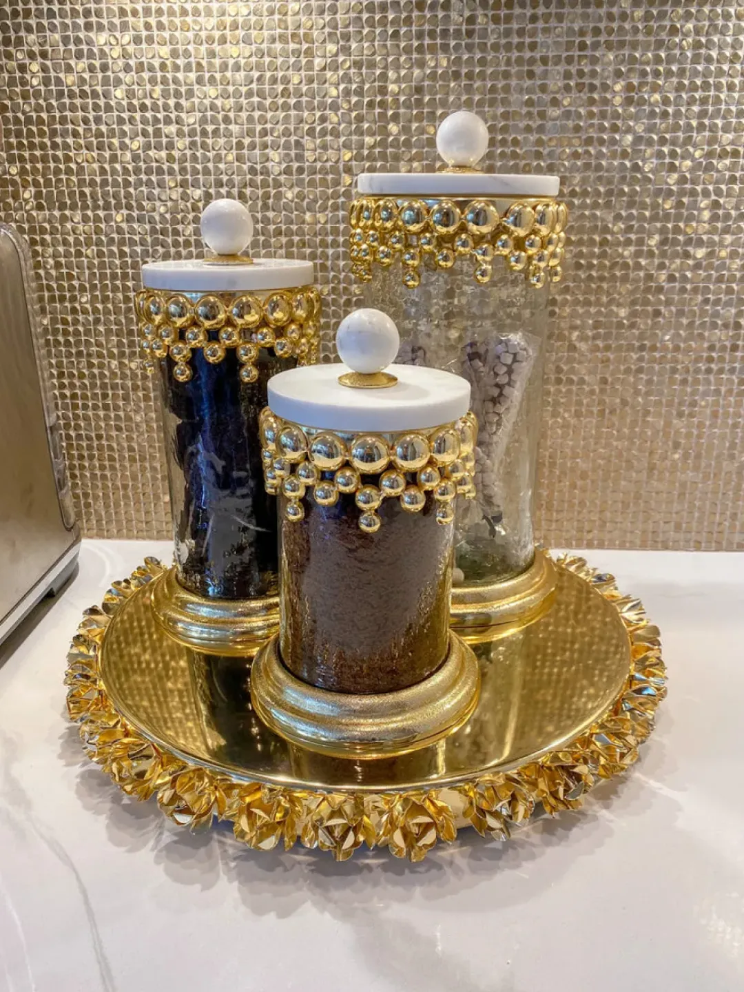 Inspire Me! Home Decor White & Gold Beaded Vanity Collection (3 Items) Each Sold Individually Fashion