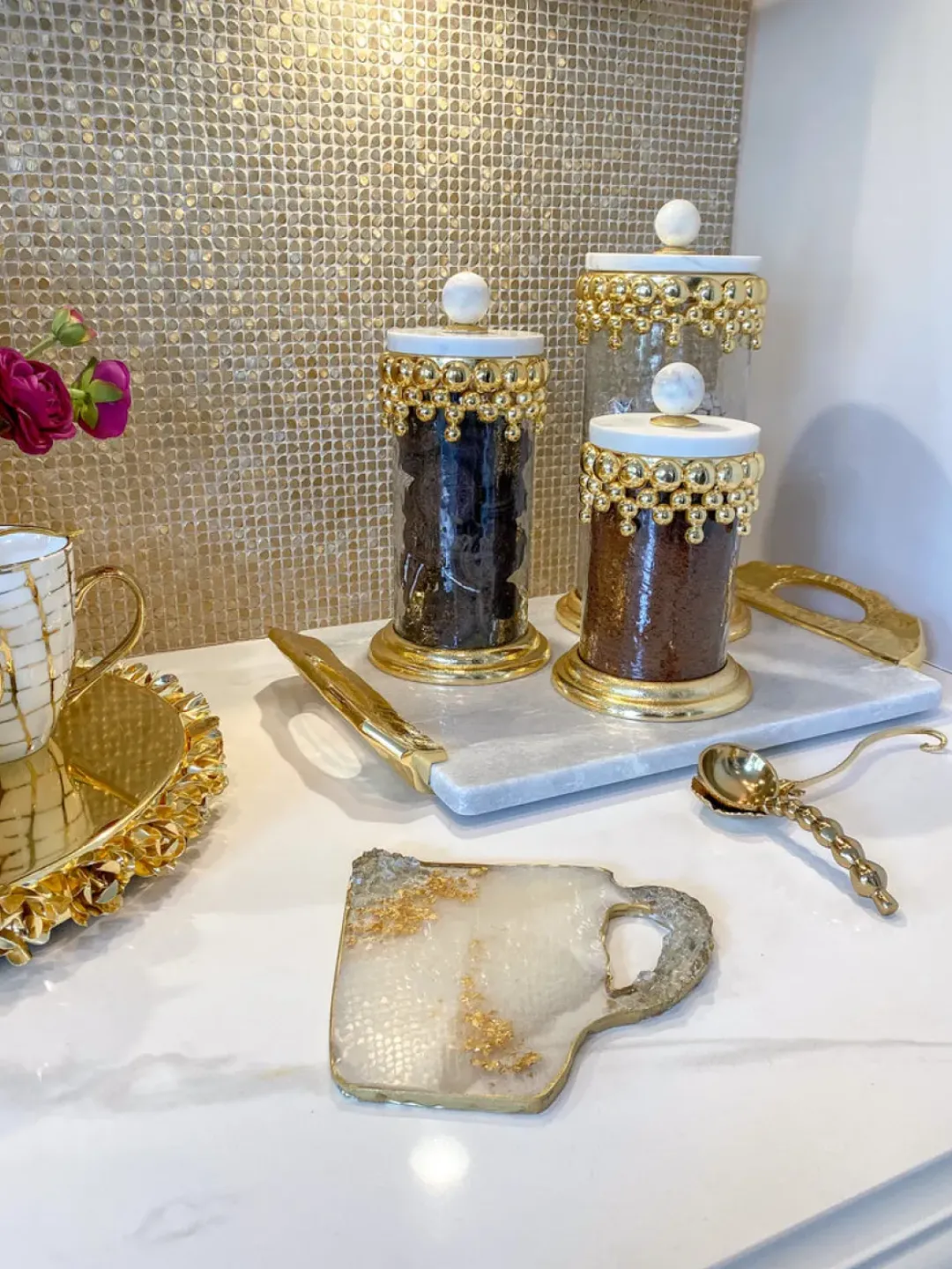 Inspire Me! Home Decor White & Gold Beaded Vanity Collection (3 Items) Each Sold Individually Fashion