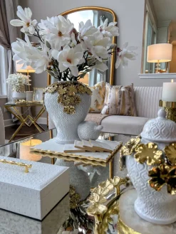 Inspire Me! Home Decor White Linear Ceramic Vase With Gold Floral Detail Outlet