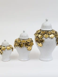 Inspire Me! Home Decor White Linear Ceramic Vase With Gold Floral Detail Outlet